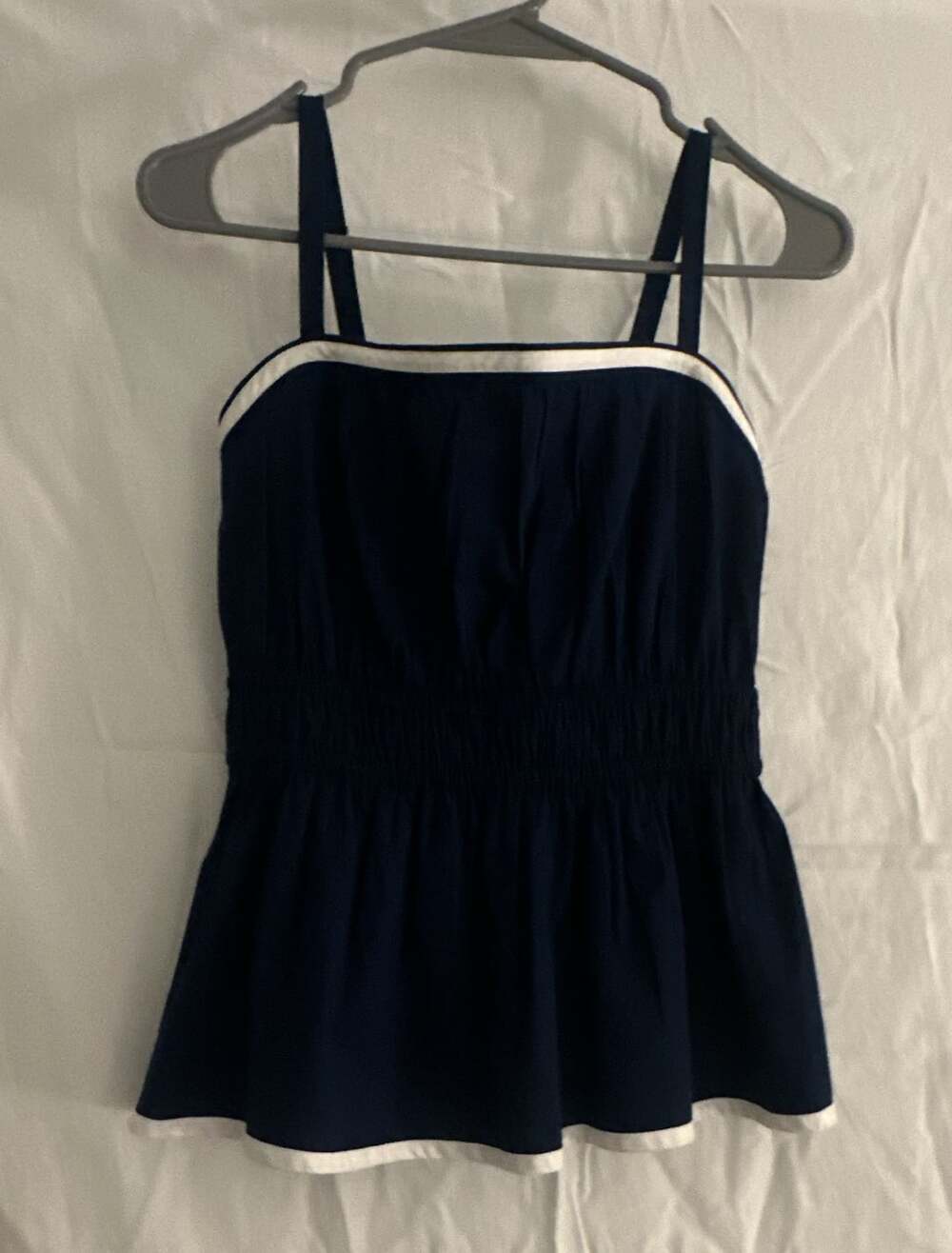 J.Crew Navy Blue Smocked Spaghetti Strap Peplum Top with White Trim, Size 6